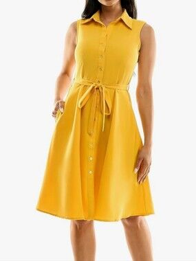 Sharagano Yellow Sleeveless Button-Front Midi Dress with Tie Waist